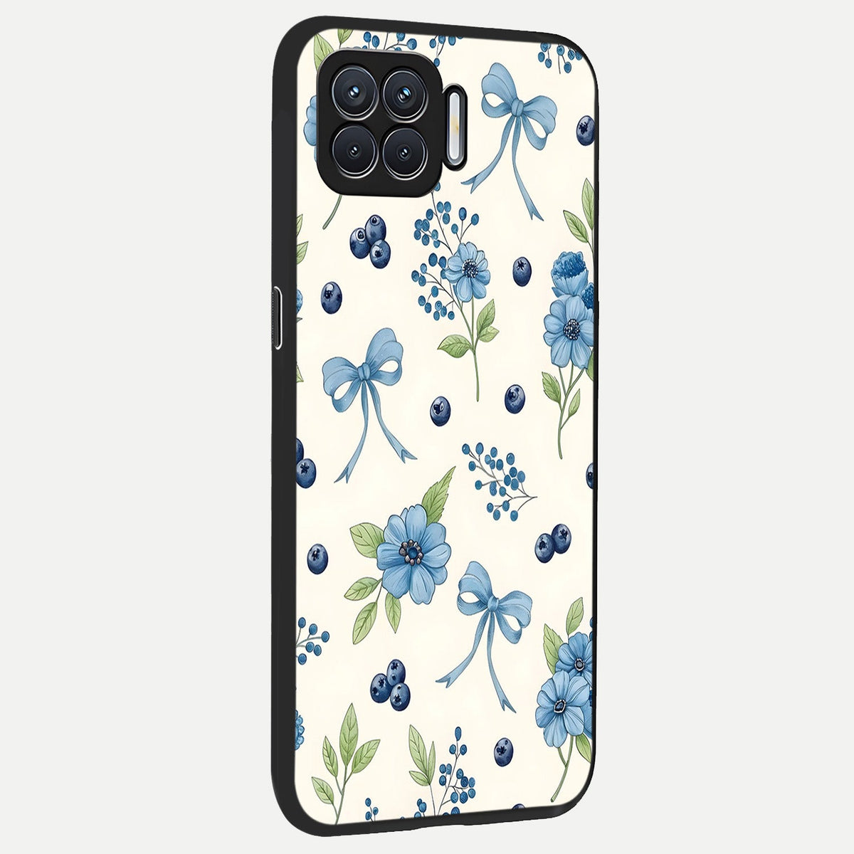  Blue Flower And Bow back cover For Oppo F17 slim fit glass case with vibrant aesthetic design