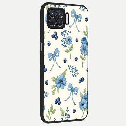  Blue Flower And Bow back cover For Oppo F17 slim fit glass case with vibrant aesthetic design