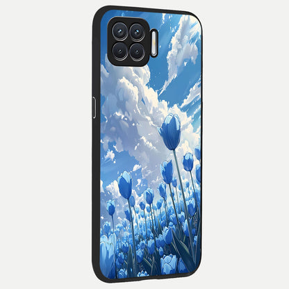  Blue Tulip Clouds back cover For Oppo F17 slim fit glass case with vibrant aesthetic design