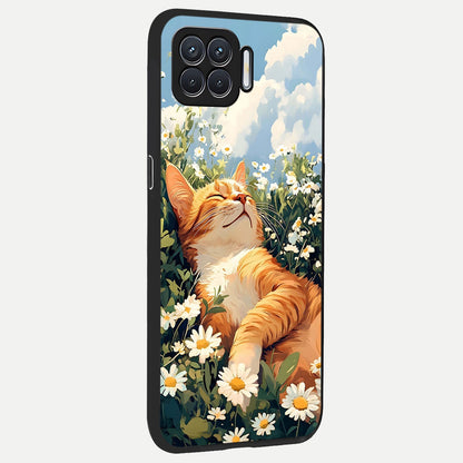  Cat And Flowers View back cover For Oppo F17 slim fit glass case with vibrant aesthetic design