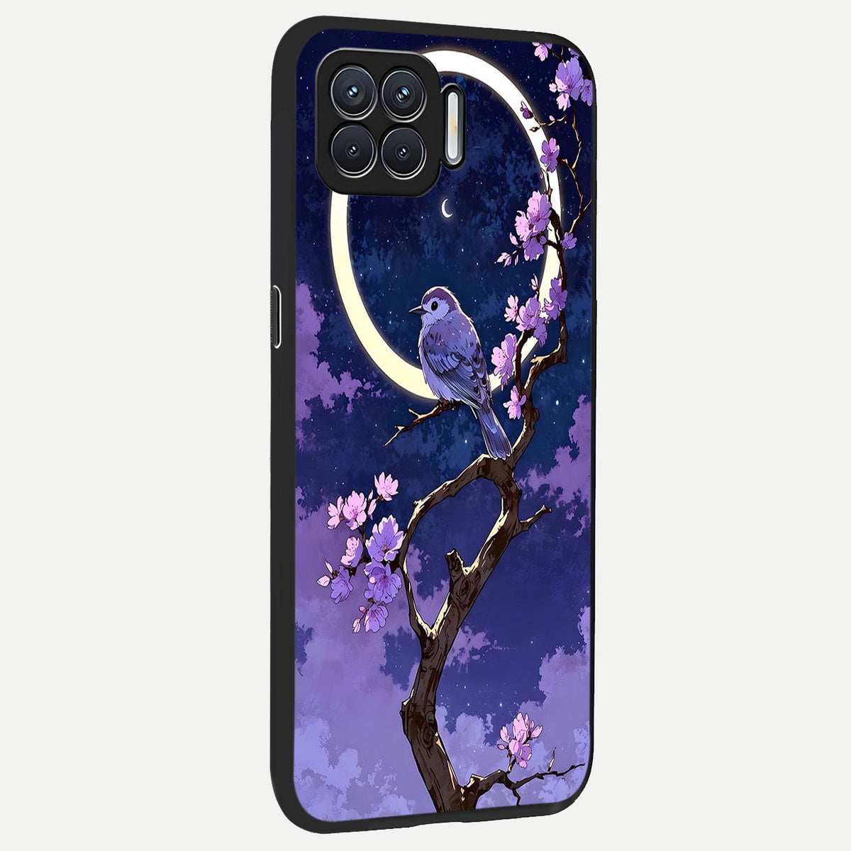  Celestial Bird Blossom back cover For Oppo F17 slim fit glass case with vibrant aesthetic design