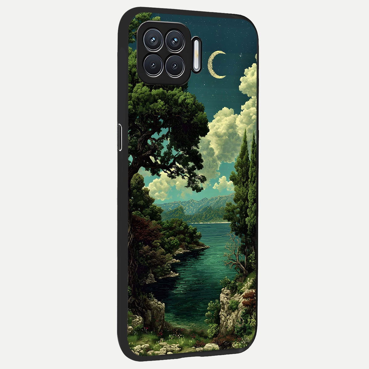  Celestial Lake Peace back cover For Oppo F17 slim fit glass case with vibrant aesthetic design