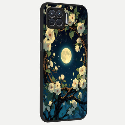  Celestial Moon And Flower back cover For Oppo F17 slim fit glass case with vibrant aesthetic design