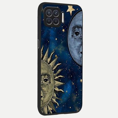  Celestial Moon With Sun back cover For Oppo F17 slim fit glass case with vibrant aesthetic design