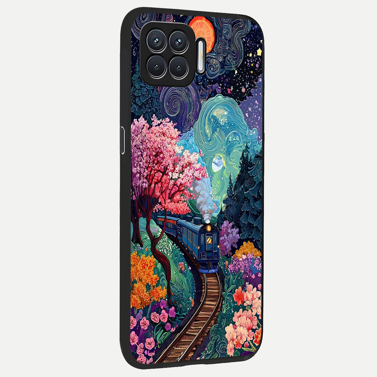  Celestial Train Journey back cover For Oppo F17 slim fit glass case with vibrant aesthetic design