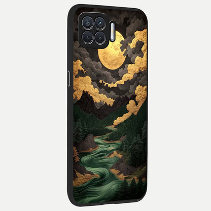  Golden River Moon back cover For Oppo F17 slim fit glass case with vibrant aesthetic design