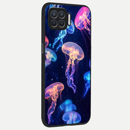  Jellyfish Pattern back cover For Oppo F17 slim fit glass case with vibrant aesthetic design