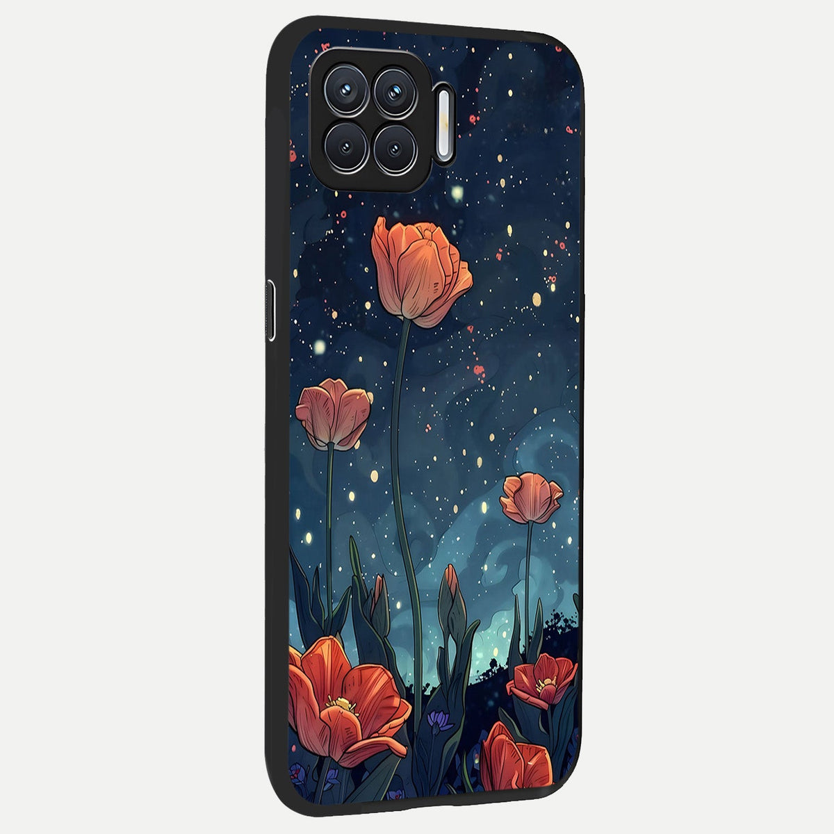  Midnight Tulip Glow back cover For Oppo F17 slim fit glass case with vibrant aesthetic design
