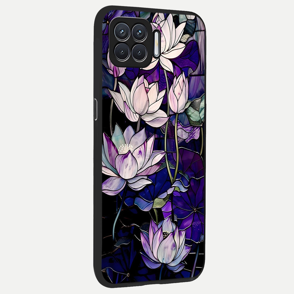  Purple Lotus Pattern back cover For Oppo F17 slim fit glass case with vibrant aesthetic design
