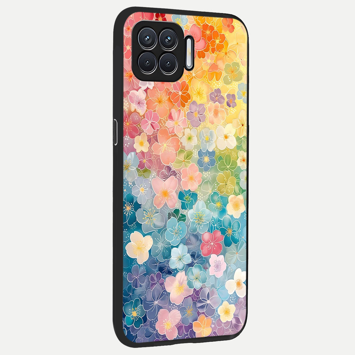 Rainbow Blossom Burst back cover For Oppo F17 slim fit glass case with vibrant aesthetic design