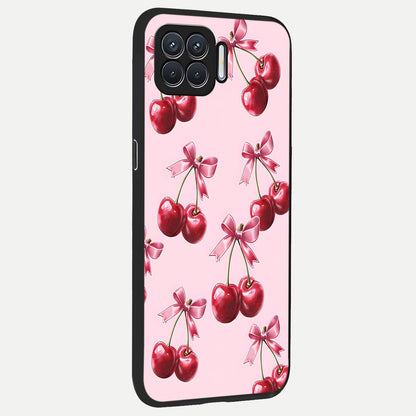  Red Cherries Pattern back cover For Oppo F17 slim fit glass case with vibrant aesthetic design