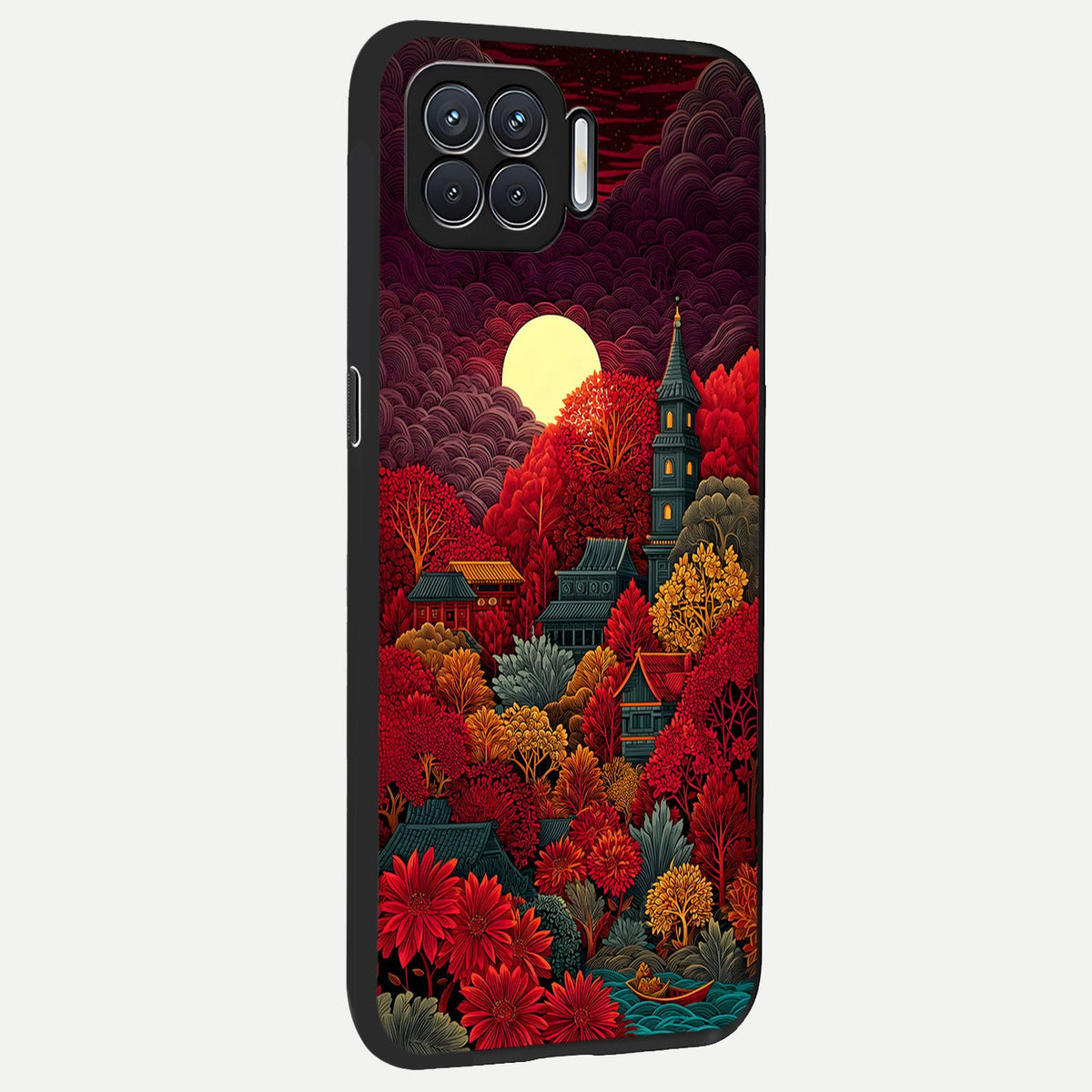 Scarlet Autumn Temple back cover For Oppo F17 slim fit glass case with vibrant aesthetic design