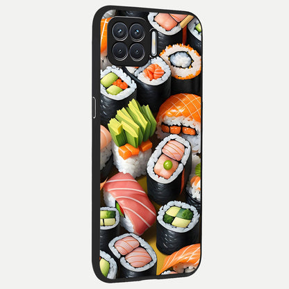  Sushi Food Pattern back cover For Oppo F17 slim fit glass case with vibrant aesthetic design