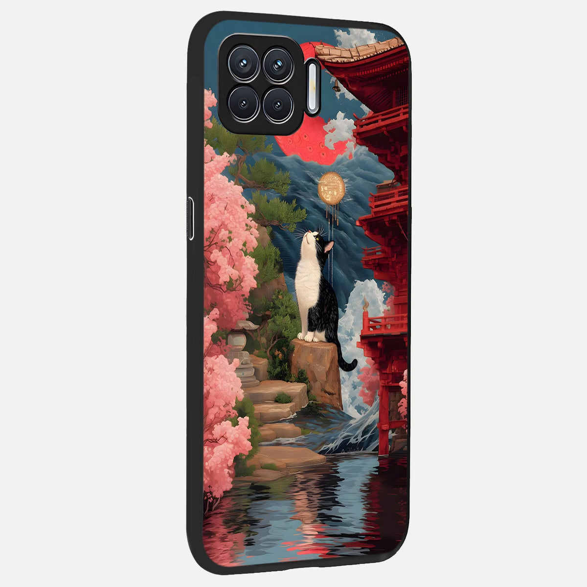  Temple Cat Scenery back cover For Oppo F17 slim fit glass case with vibrant aesthetic design
