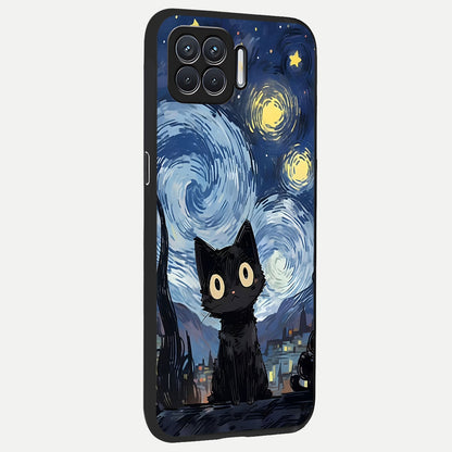  Van Gogh Cat back cover For Oppo F17 slim fit glass case with vibrant aesthetic design