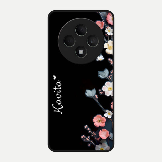  Black Elegance Floral Custom Name Glass Case For Oppo F27 5G back cover – full design glossy printed glass finish