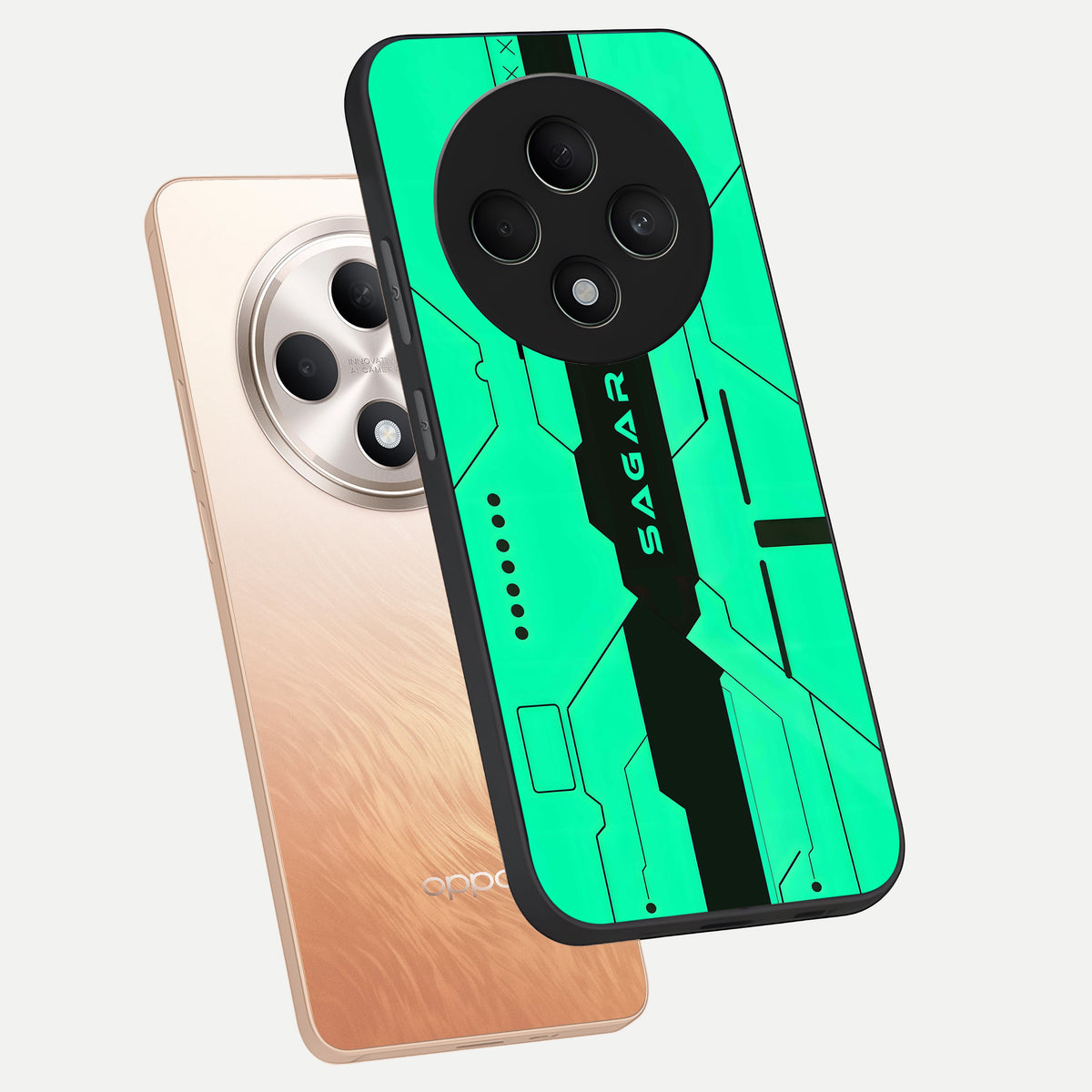  Aqua Tech CYBERPUNK Custom Name phone case For Oppo F27 5G showing premium glass back cover with detailed artwork