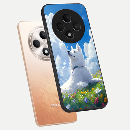  Blissful Cloud Pup phone case For Oppo F27 5G showing premium glass back cover with detailed artwork