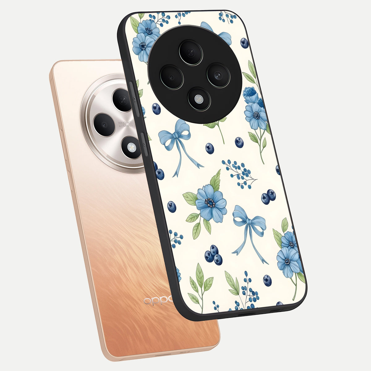  Blue Flower And Bow phone case For Oppo F27 5G showing premium glass back cover with detailed artwork