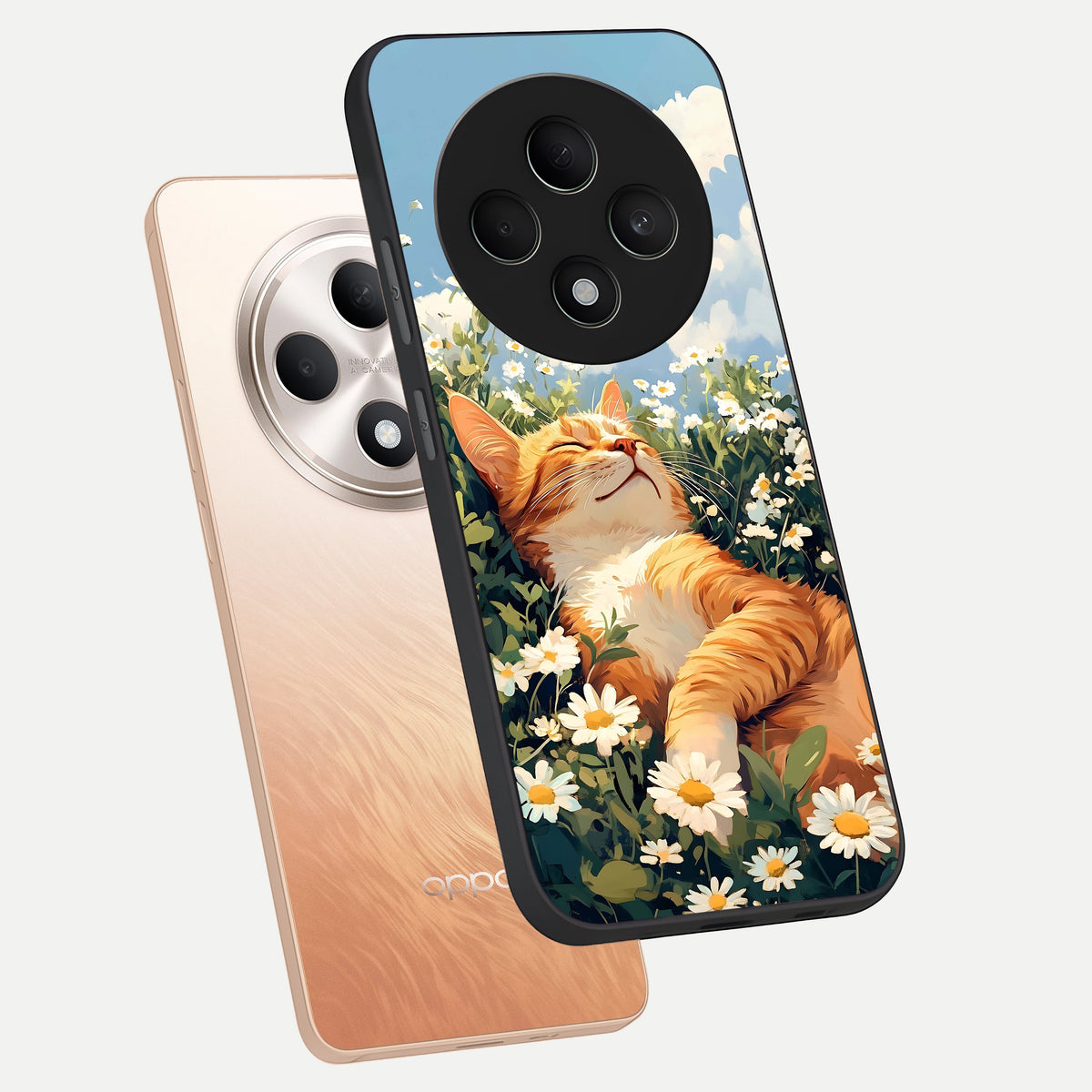  Cat And Flowers View phone case For Oppo F27 5G showing premium glass back cover with detailed artwork