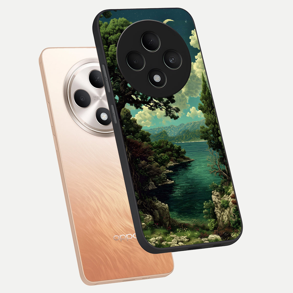  Celestial Lake Peace phone case For Oppo F27 5G showing premium glass back cover with detailed artwork