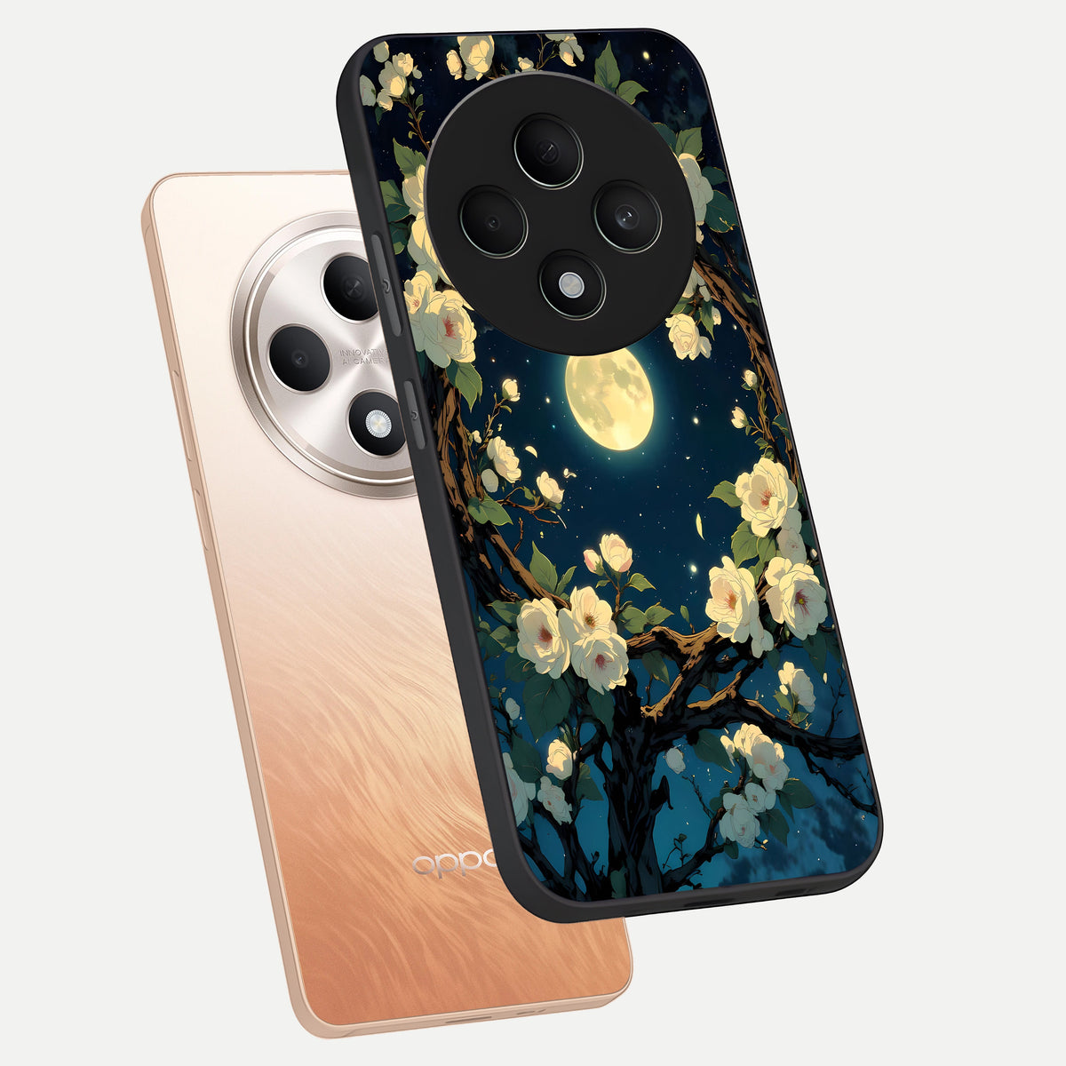  Celestial Moon And Flower phone case For Oppo F27 5G showing premium glass back cover with detailed artwork
