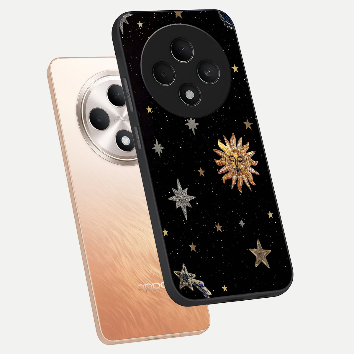  Celestial Moon With Stars phone case For Oppo F27 5G showing premium glass back cover with detailed artwork