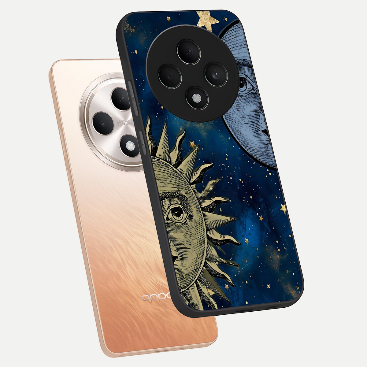  Celestial Moon With Sun phone case For Oppo F27 5G showing premium glass back cover with detailed artwork