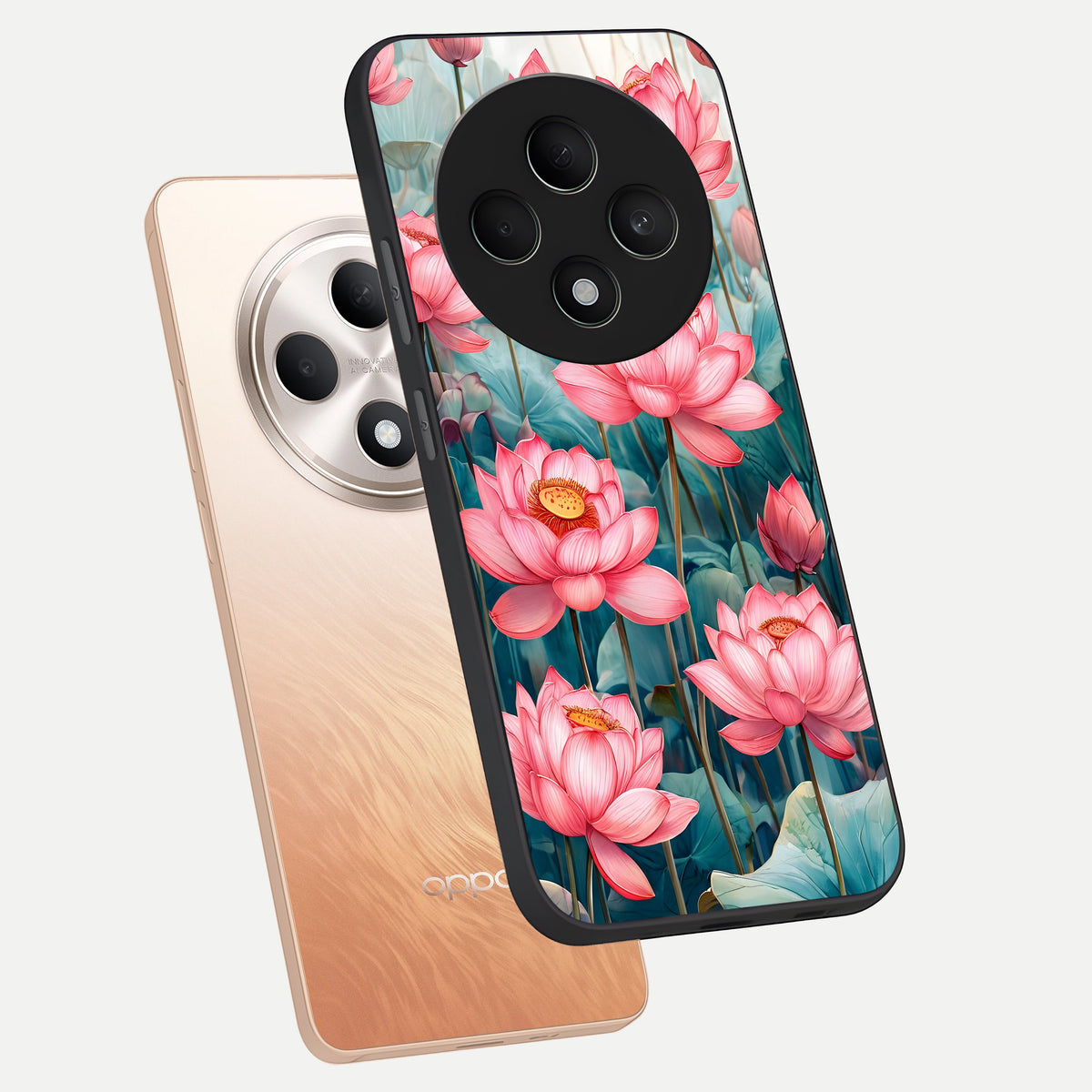  Celestial Pink Lotus phone case For Oppo F27 5G showing premium glass back cover with detailed artwork
