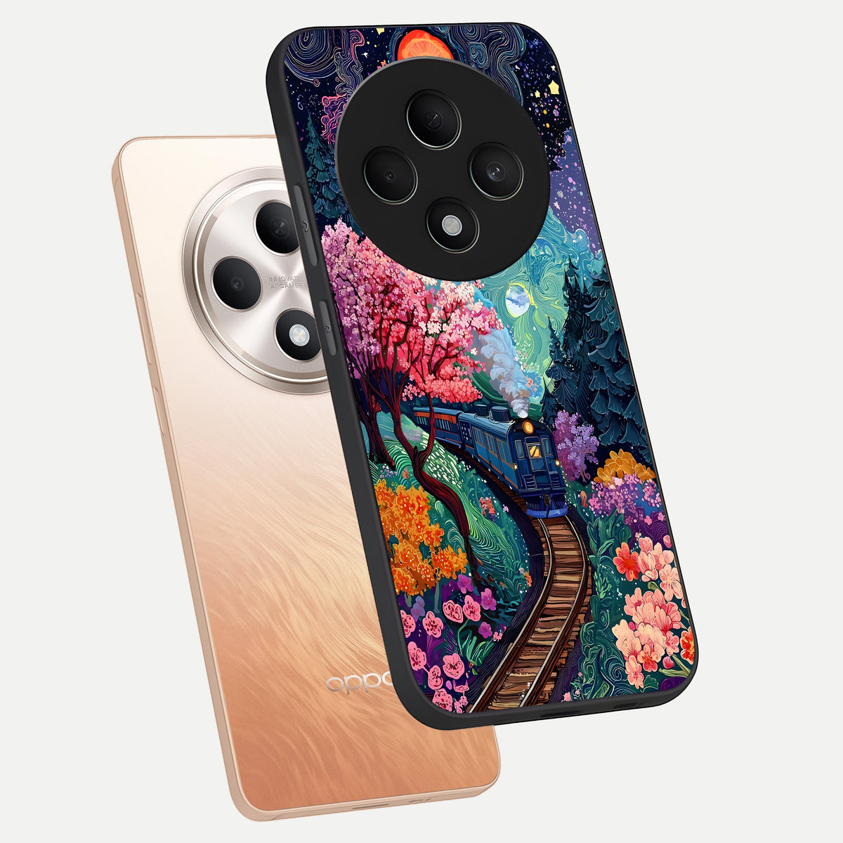  Celestial Train Journey phone case For Oppo F27 5G showing premium glass back cover with detailed artwork