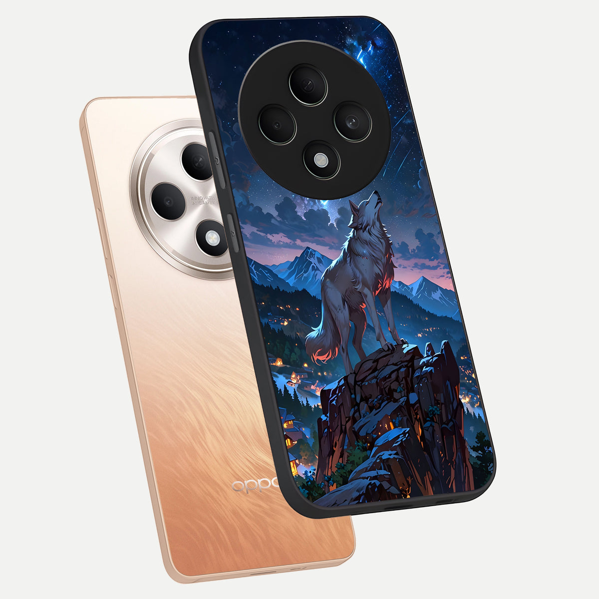  Celestial Wolf Howl phone case For Oppo F27 5G showing premium glass back cover with detailed artwork