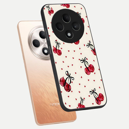  Cherry Heart Bow phone case For Oppo F27 5G showing premium glass back cover with detailed artwork