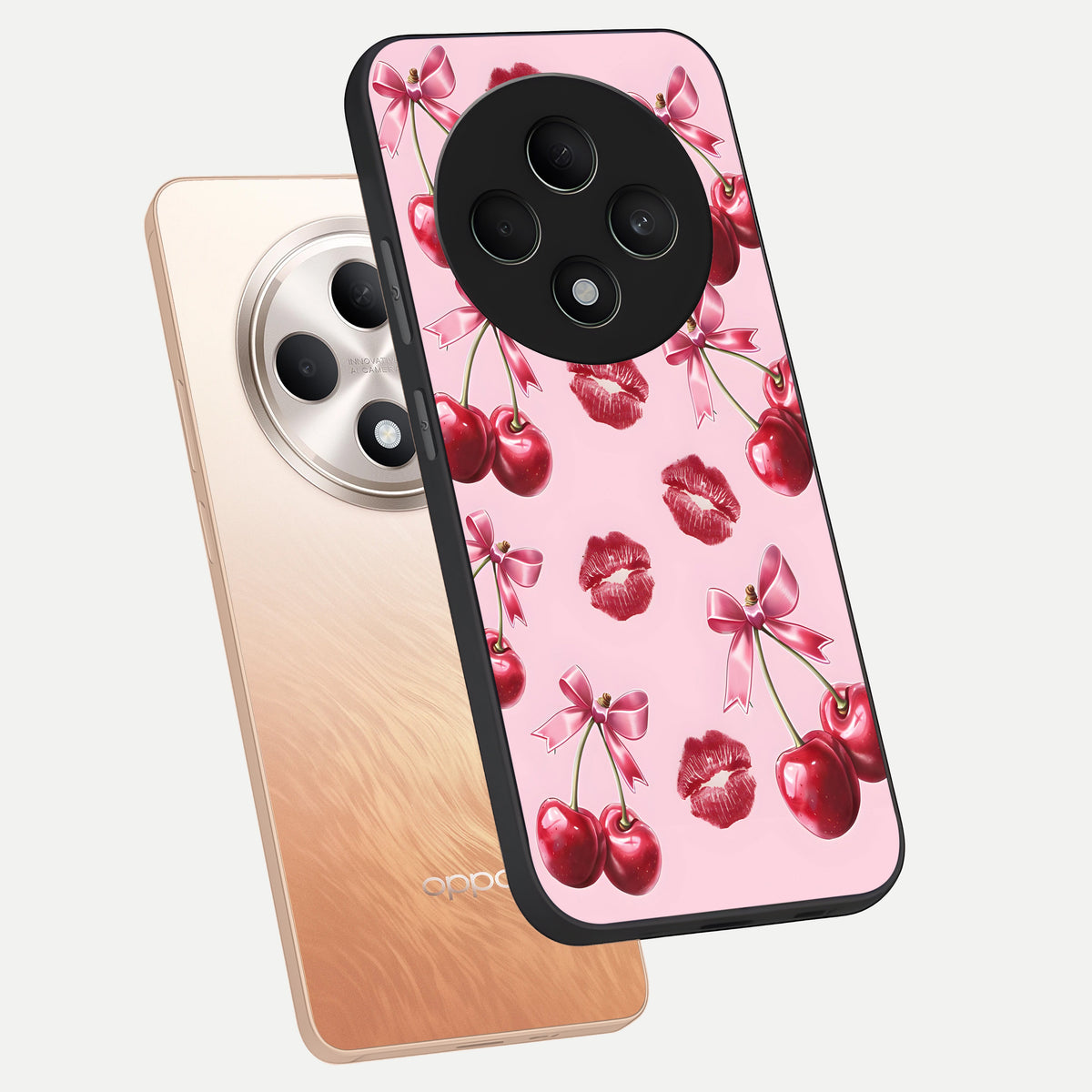  Cherry With Lips phone case For Oppo F27 5G showing premium glass back cover with detailed artwork