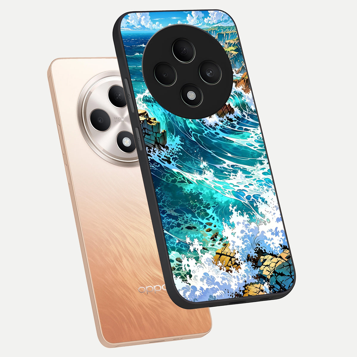  Coastal Blue Waves phone case For Oppo F27 5G showing premium glass back cover with detailed artwork