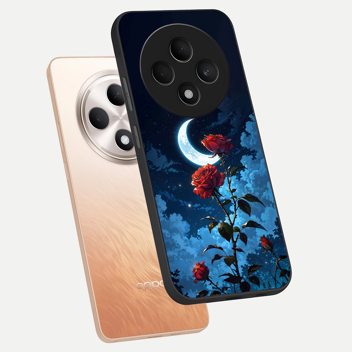  Crimson Rose Moon phone case For Oppo F27 5G showing premium glass back cover with detailed artwork
