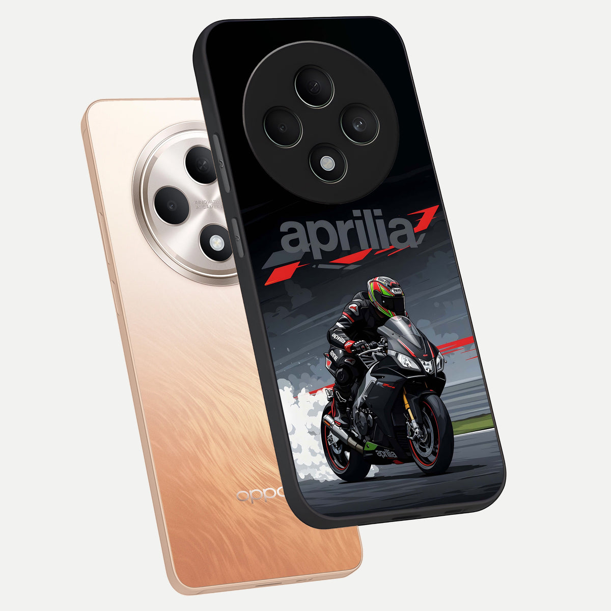  Dark Aprilla phone case For Oppo F27 5G showing premium glass back cover with detailed artwork