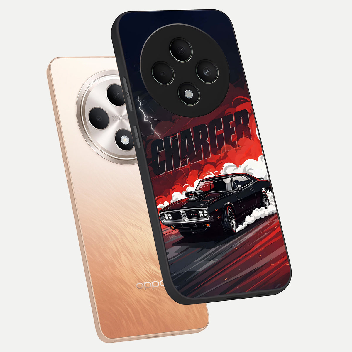  Dark Charger Fury phone case For Oppo F27 5G showing premium glass back cover with detailed artwork