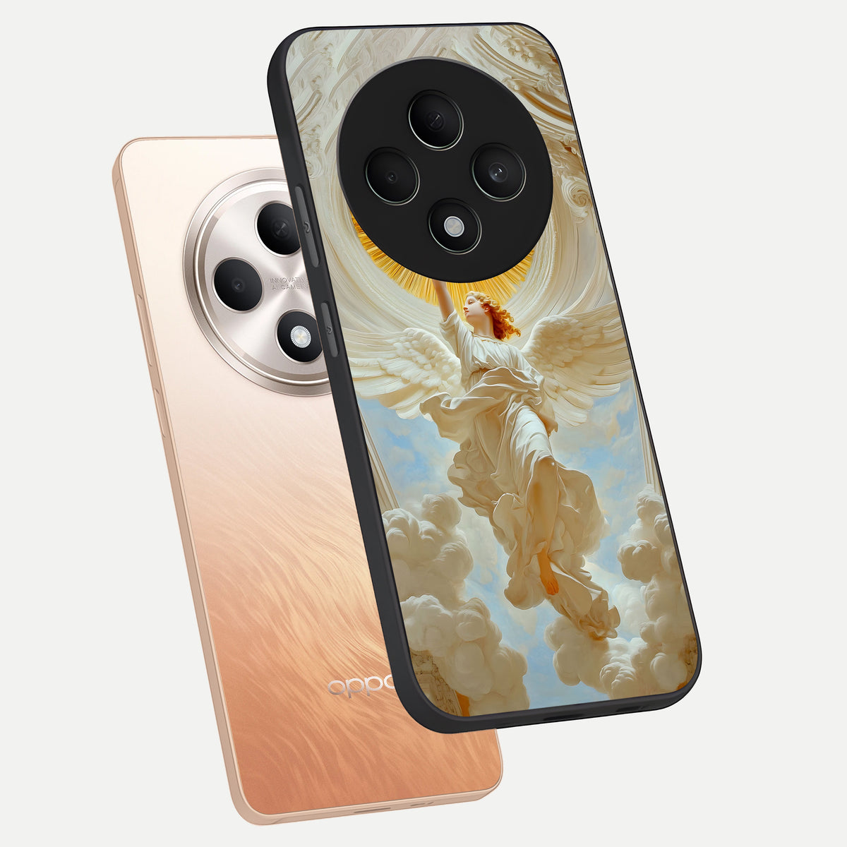  Divine Light Angel phone case For Oppo F27 5G showing premium glass back cover with detailed artwork