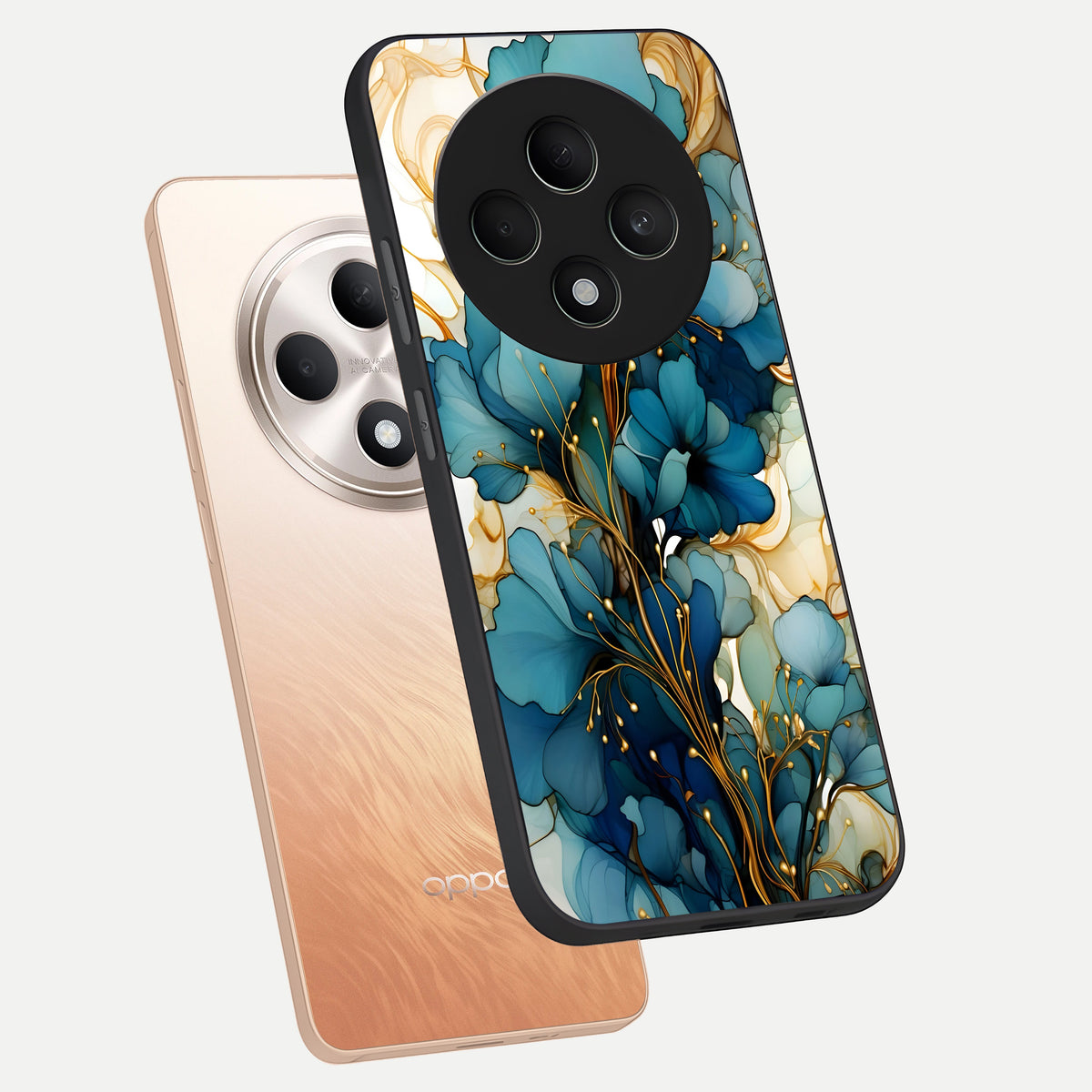  Golden Bloom Symphony phone case For Oppo F27 5G showing premium glass back cover with detailed artwork