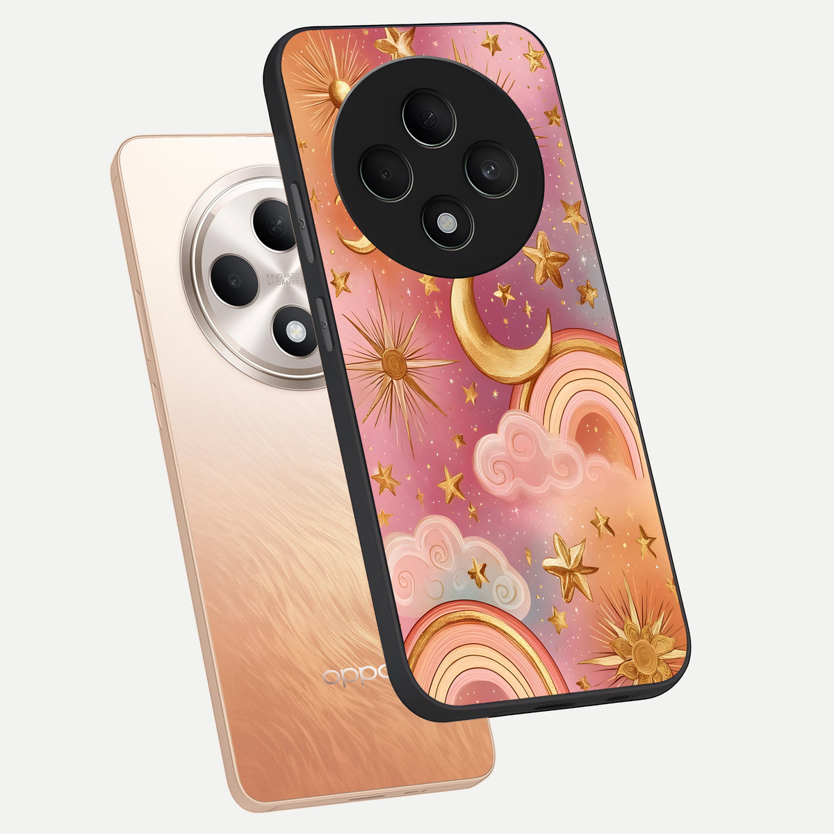  Golden Celestial Dreams phone case For Oppo F27 5G showing premium glass back cover with detailed artwork