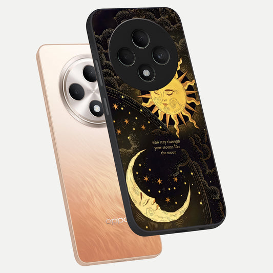  Golden Lunar Love phone case For Oppo F27 5G showing premium glass back cover with detailed artwork