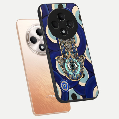  Hamsa Divine Guard phone case For Oppo F27 5G showing premium glass back cover with detailed artwork