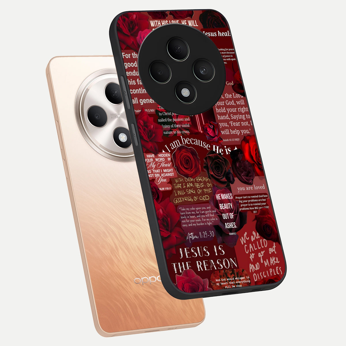  Jesus Love Heals phone case For Oppo F27 5G showing premium glass back cover with detailed artwork