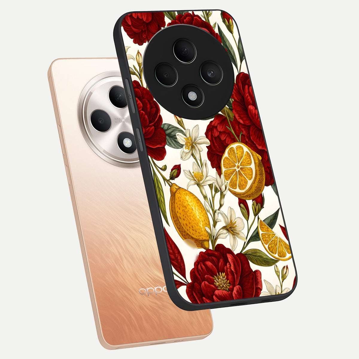  Lemon Rose Charm phone case For Oppo F27 5G showing premium glass back cover with detailed artwork