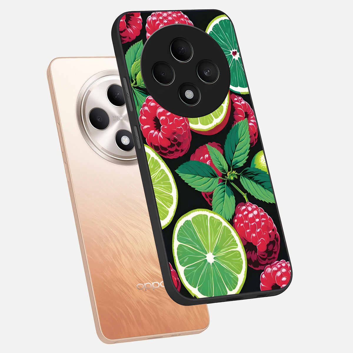  Lime and Raspberry Pattern phone case For Oppo F27 5G showing premium glass back cover with detailed artwork