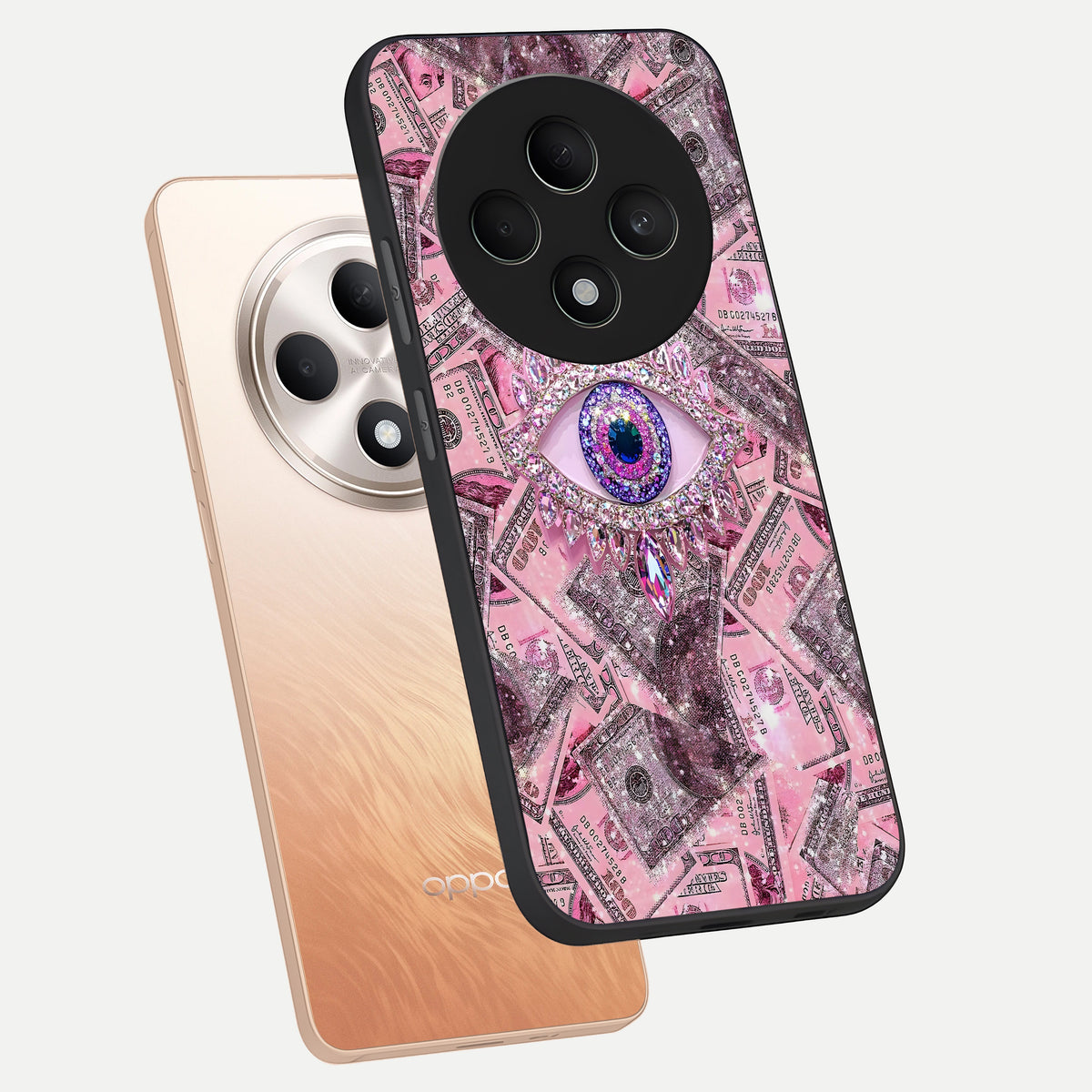 Money Eye Luxe phone case For Oppo F27 5G showing premium glass back cover with detailed artwork