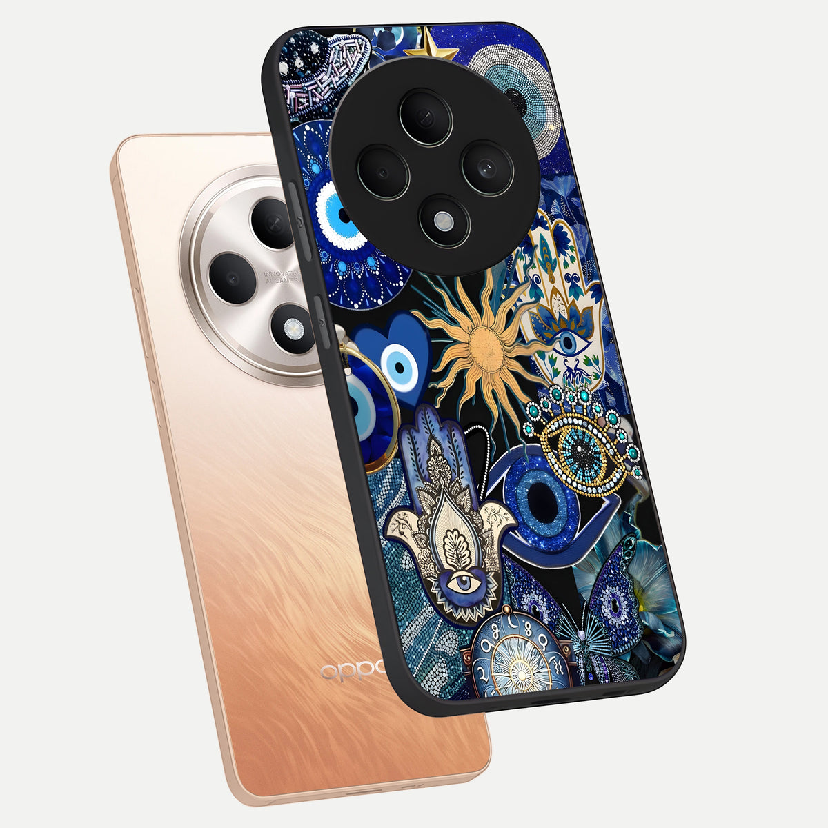  Mystic Blue Evil Eye phone case For Oppo F27 5G showing premium glass back cover with detailed artwork