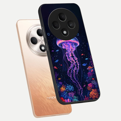  Neon Jellyfish phone case For Oppo F27 5G showing premium glass back cover with detailed artwork