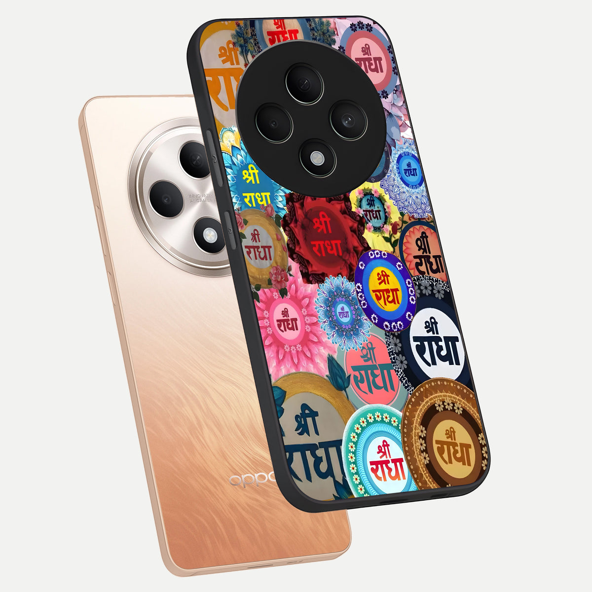 Radha Divine Bloom phone case For Oppo F27 5G showing premium glass back cover with detailed artwork