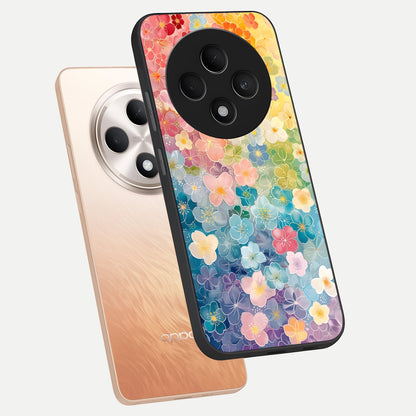  Rainbow Blossom Burst phone case For Oppo F27 5G showing premium glass back cover with detailed artwork